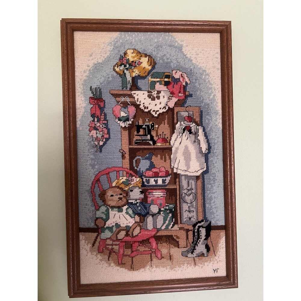 Vintage Needlepoint Embroidery Finished Framed Victorian Childhood